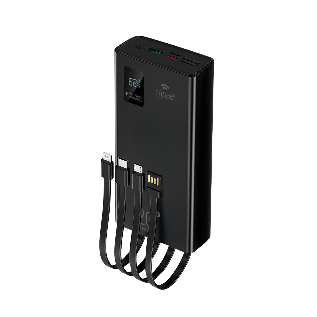 Powerbank Mlab 9664 Wired Huge 20.000mAh Carga Rápida 22.5W Cables Integrados USB-C Lightning