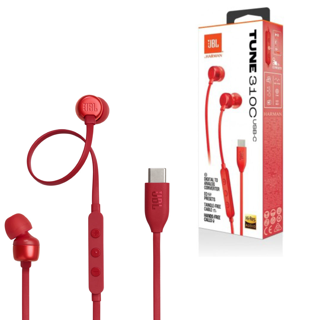 Audífonos JBL Tune 310C USB-C In-Ear Pure Bass Hi-Res Micrófono Integrado Rojo