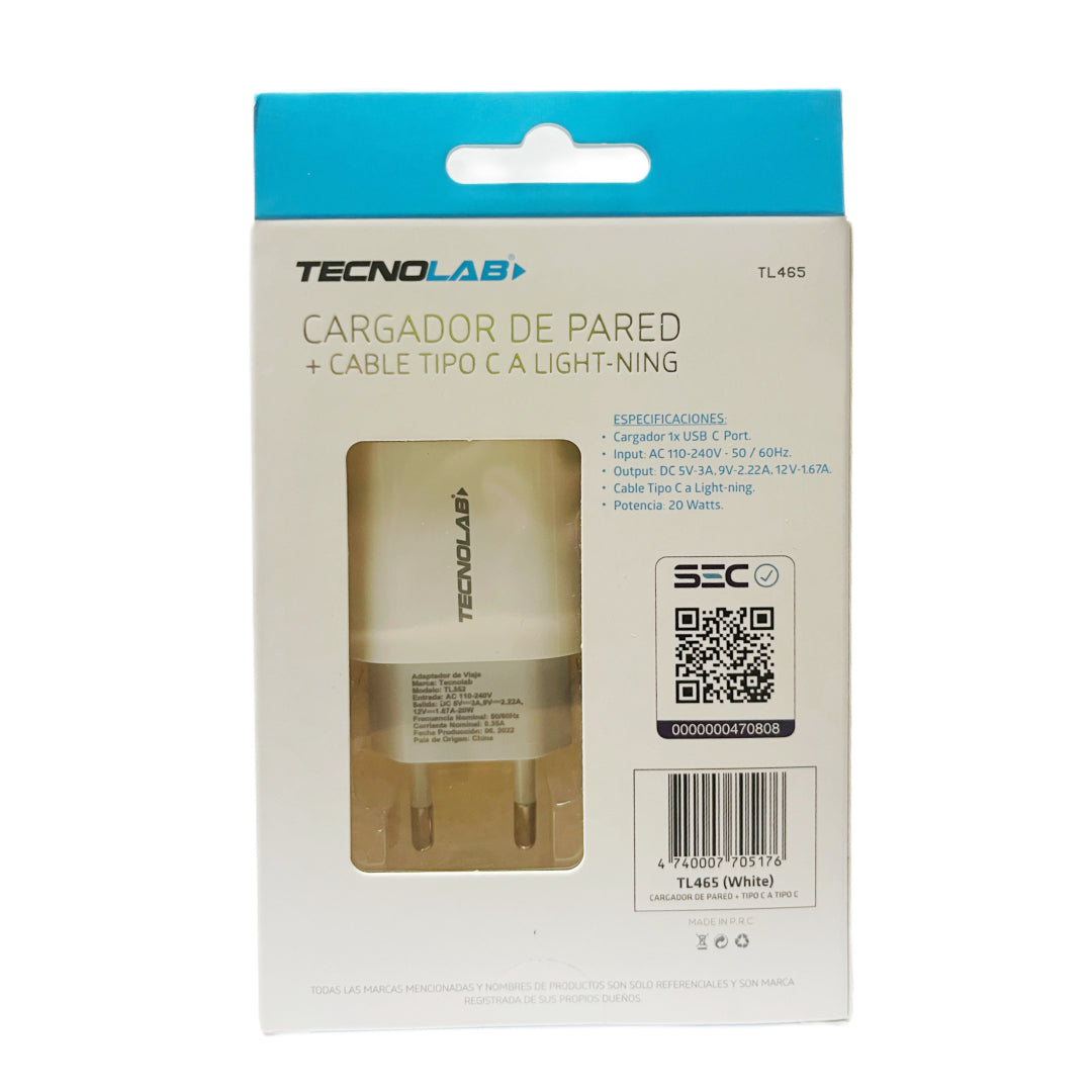 CARGADOR RAPIDO USB-C A LIGHTNING 20W TECNOLAB TL465