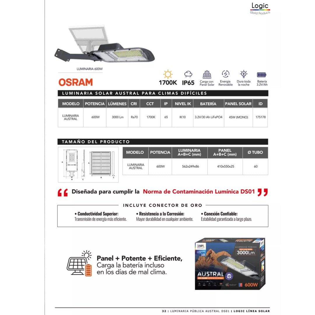 LUMINARIA SOLAR AUSTRAL 3000LM 600W LOGIC CALIDA