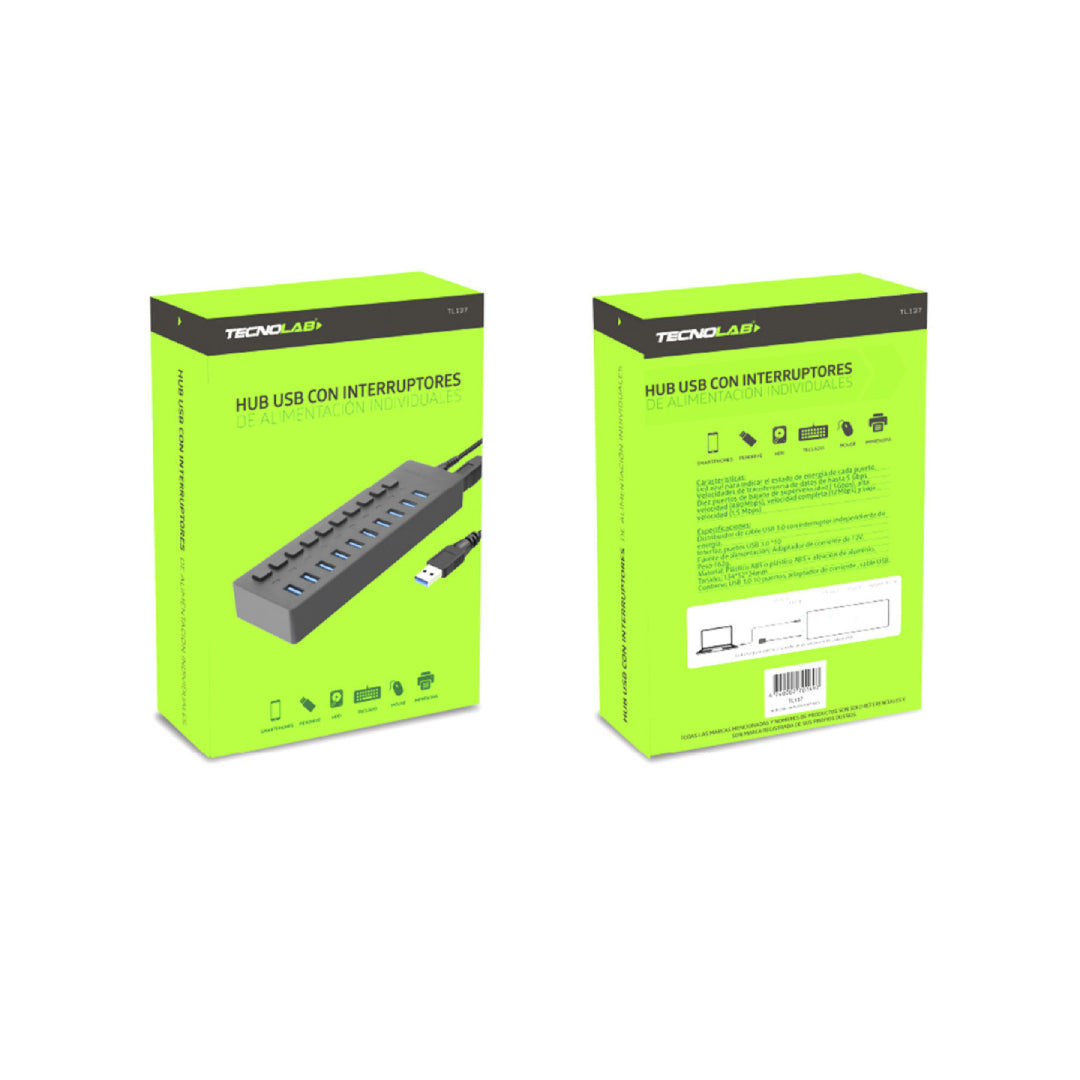 HUB USB 3.0 10 PUERTOS CON INTERRUPTOR TECNOLAB TL137