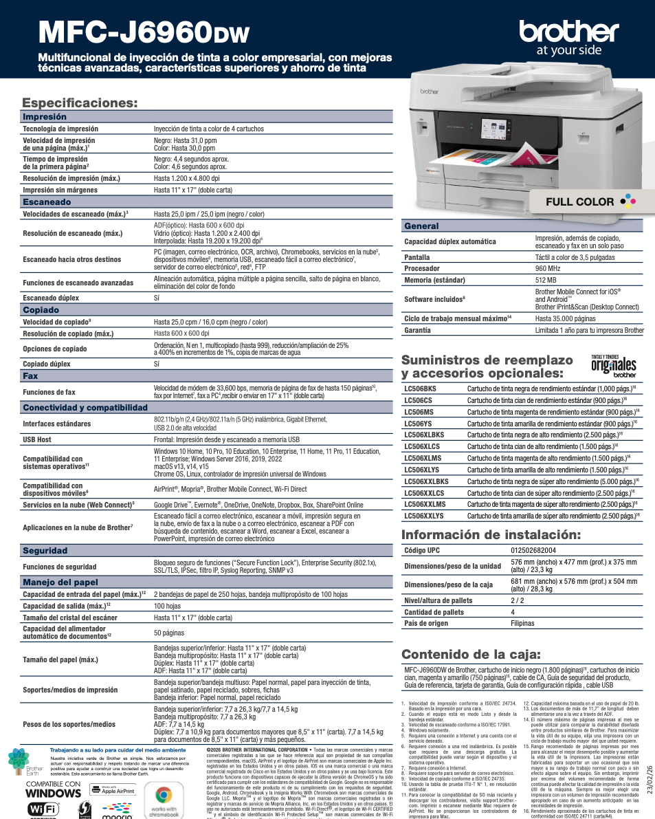 Impresora Multifuncional A3 Brother MFC-J6960DW Tinta WiFi 5GHz Ethernet Dúplex