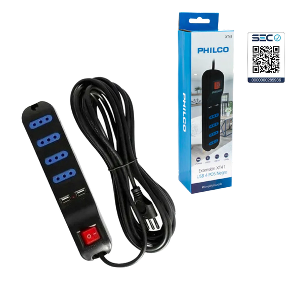 Extension XT41 USB 4 Pos Negro PHILCO 1,5 mts