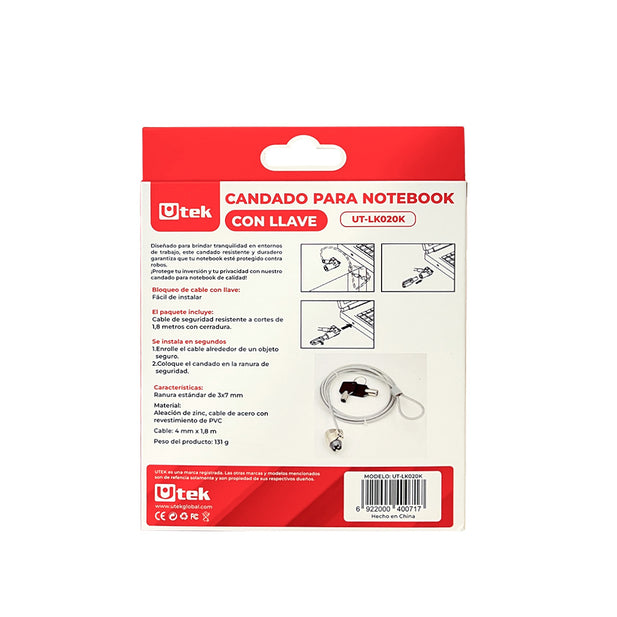Candado para Notebook Slot Universal con Llave 1,8m de largo y 4mm / UT-LK020K