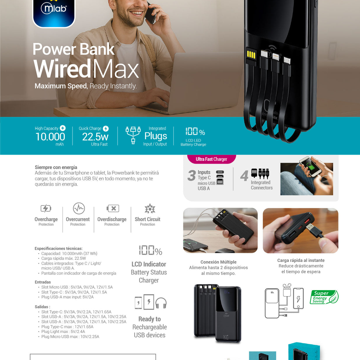 Powerbank Mlab 9659 Wired Max 10.000mAh Carga Rápida 22.5W Cables Integrados USB-C Lightning
