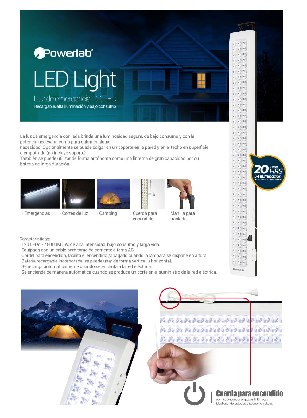 LAMPARA EMERGENCIA POWERLAB 120LEDS USB 7260