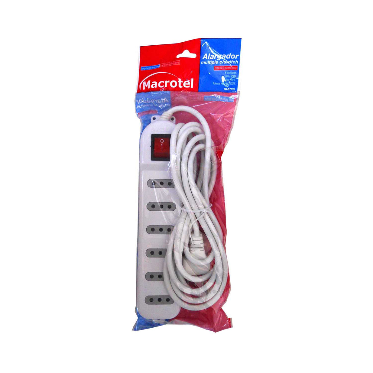 ALARGADOR MULTIPLE CON SWITCH 3 METROS 6 POSICIONES, BLANCO Macrotel ME-070W
