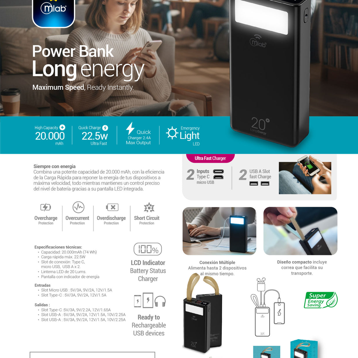 Powerbank Mlab 9662 Long Energy 20.000mAh Carga Rápida 22.5W USB-C Micro USB Linterna LED