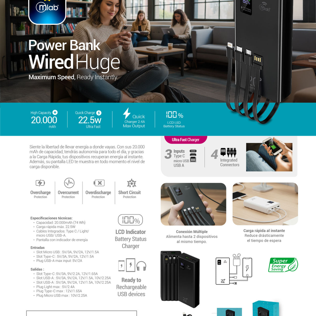 Powerbank Mlab 9664 Wired Huge 20.000mAh Carga Rápida 22.5W Cables Integrados USB-C Lightning