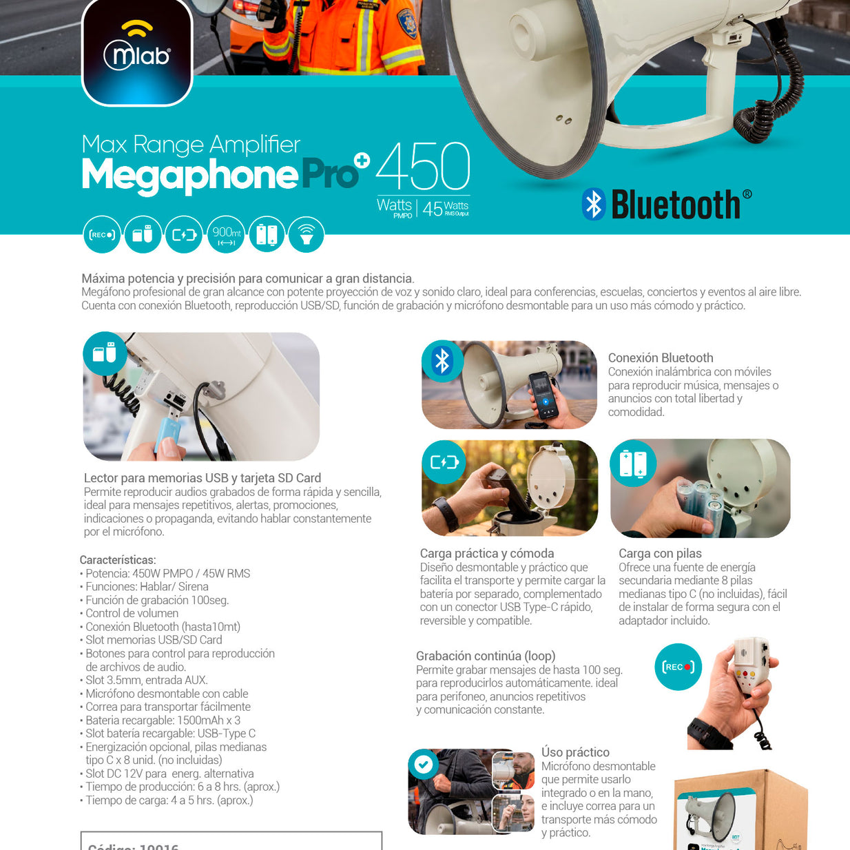 Megafono Mlab 45w USB Recargable Bluetooth 10016