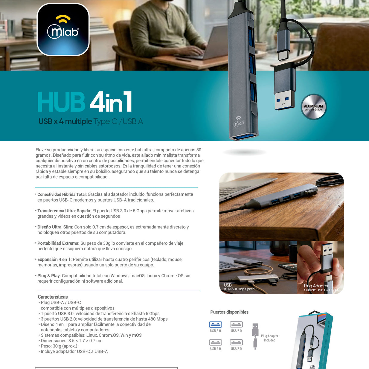 CABLE MLAB HUB 4 EN 1 TIPO C Y USB A 10019