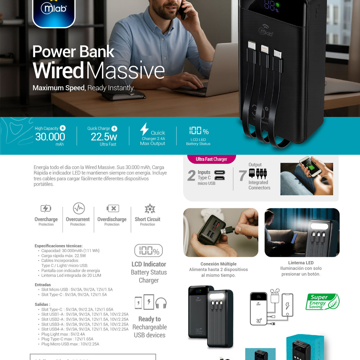 Powerbank Mlab 9666 Wired Massive 30.000mAh Carga Rápida 22.5W Cables Integrados Linterna LED