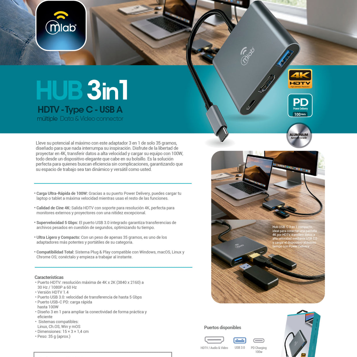 CABLE MLAB HUB ADAPTADOR 3 EN 1 TIPO C HDMI USB A