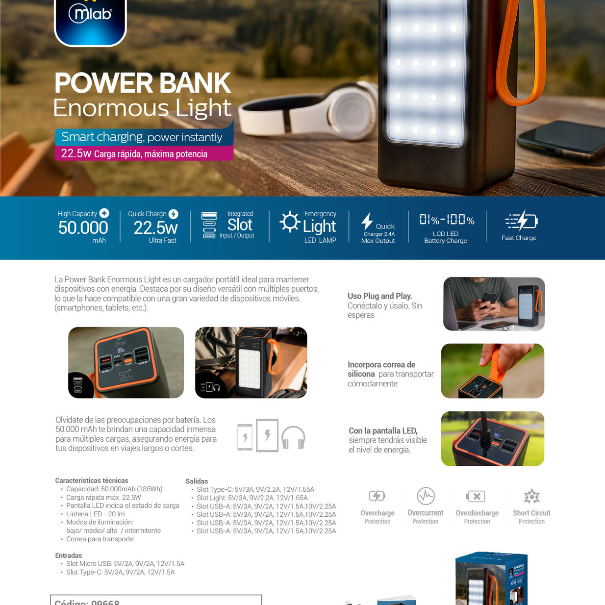 Powerbank Mlab 9668 Enormous Light 50.000mAh Carga Rápida 22.5W Linterna LED 4 Modos Correa