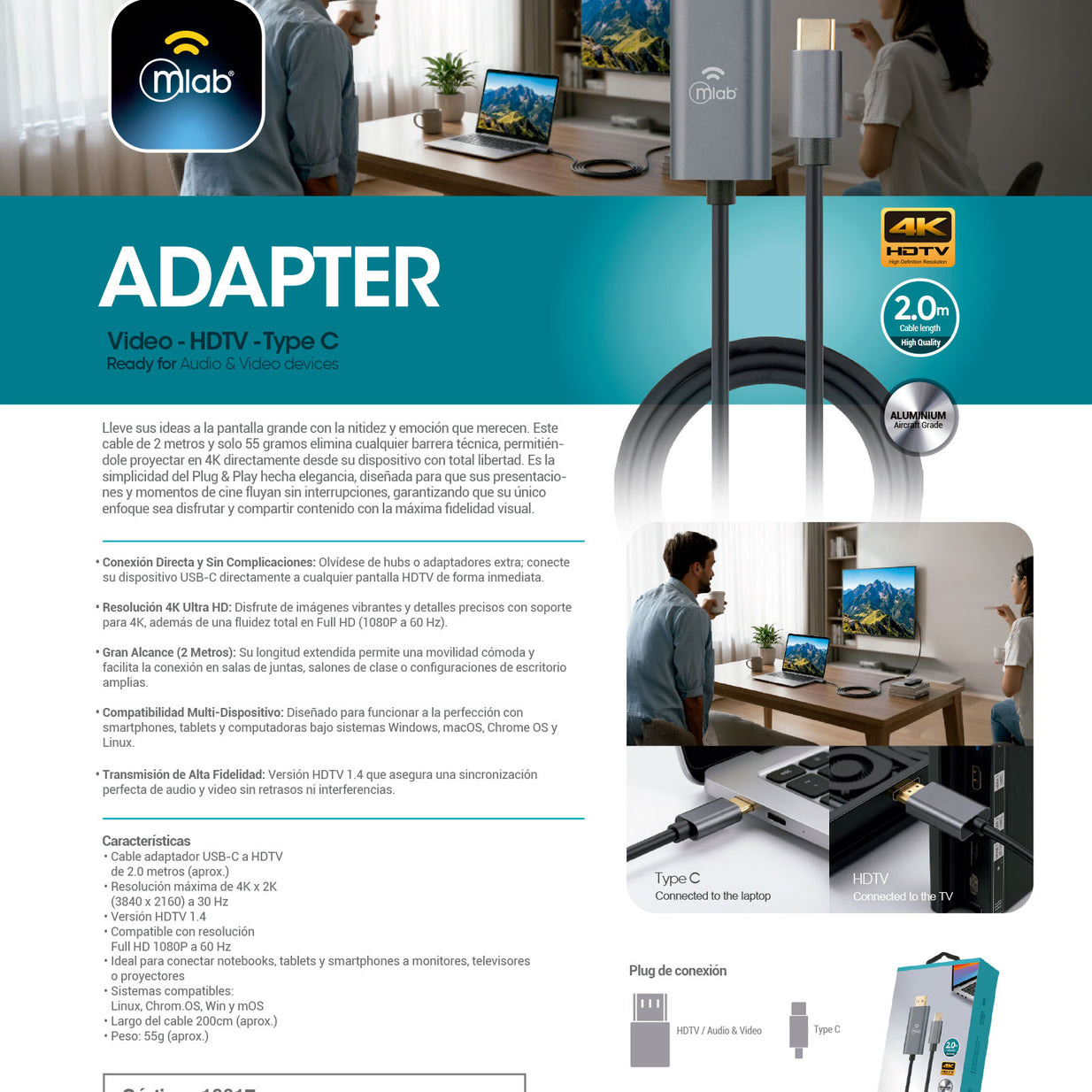 CABLE MLAB ADAPTADOR TIPO C A HDMI 2 MTS 10017