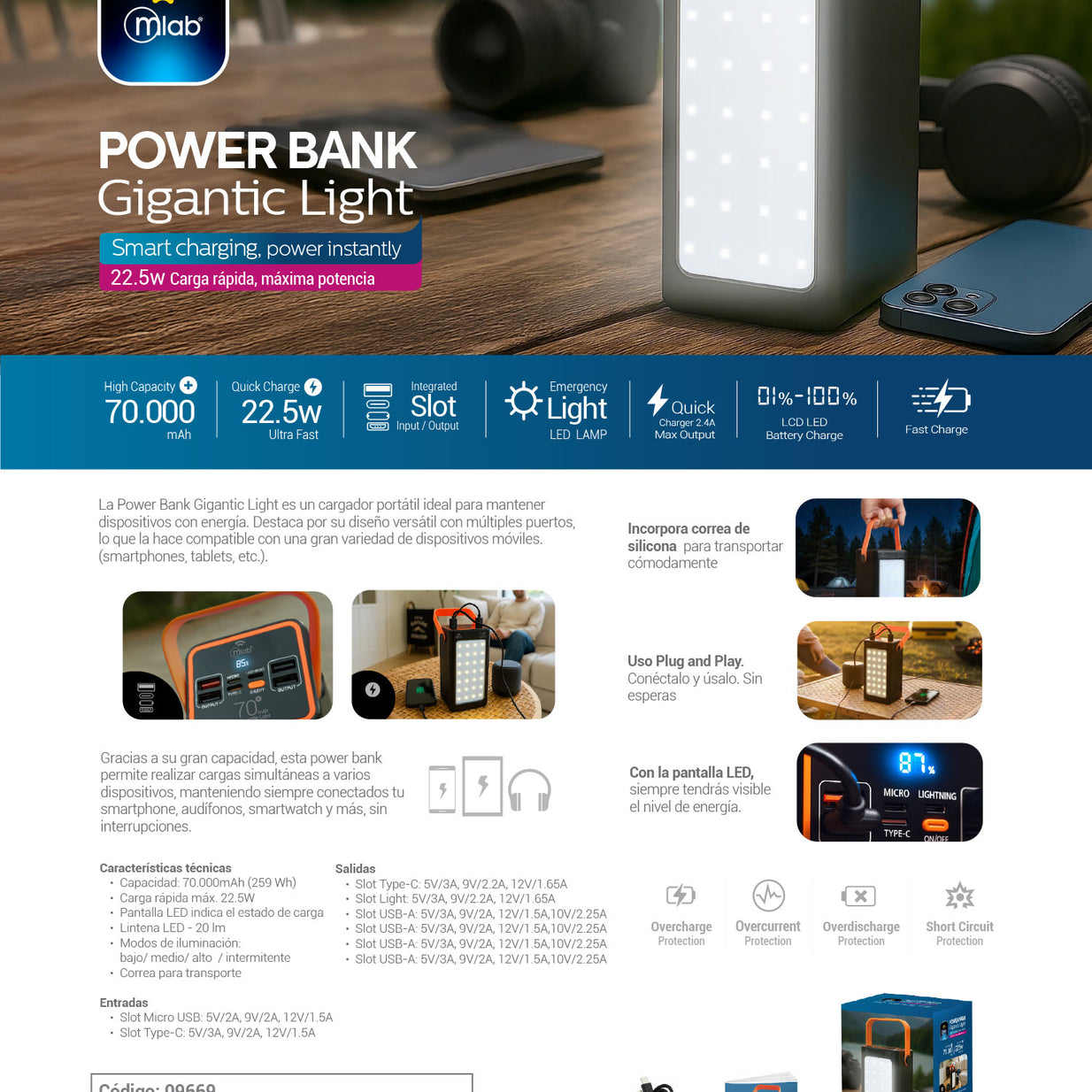 Powerbank Mlab 9669 Gigantic Light 70.000mAh Carga Rápida 22.5W Linterna LED 4 Modos Correa