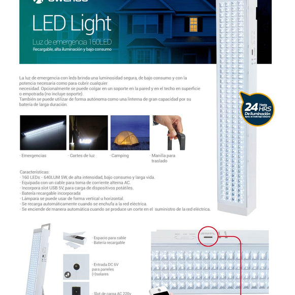 LAMPARA EMERGENCIA POWERLAB 160 LEDS USB 7261
