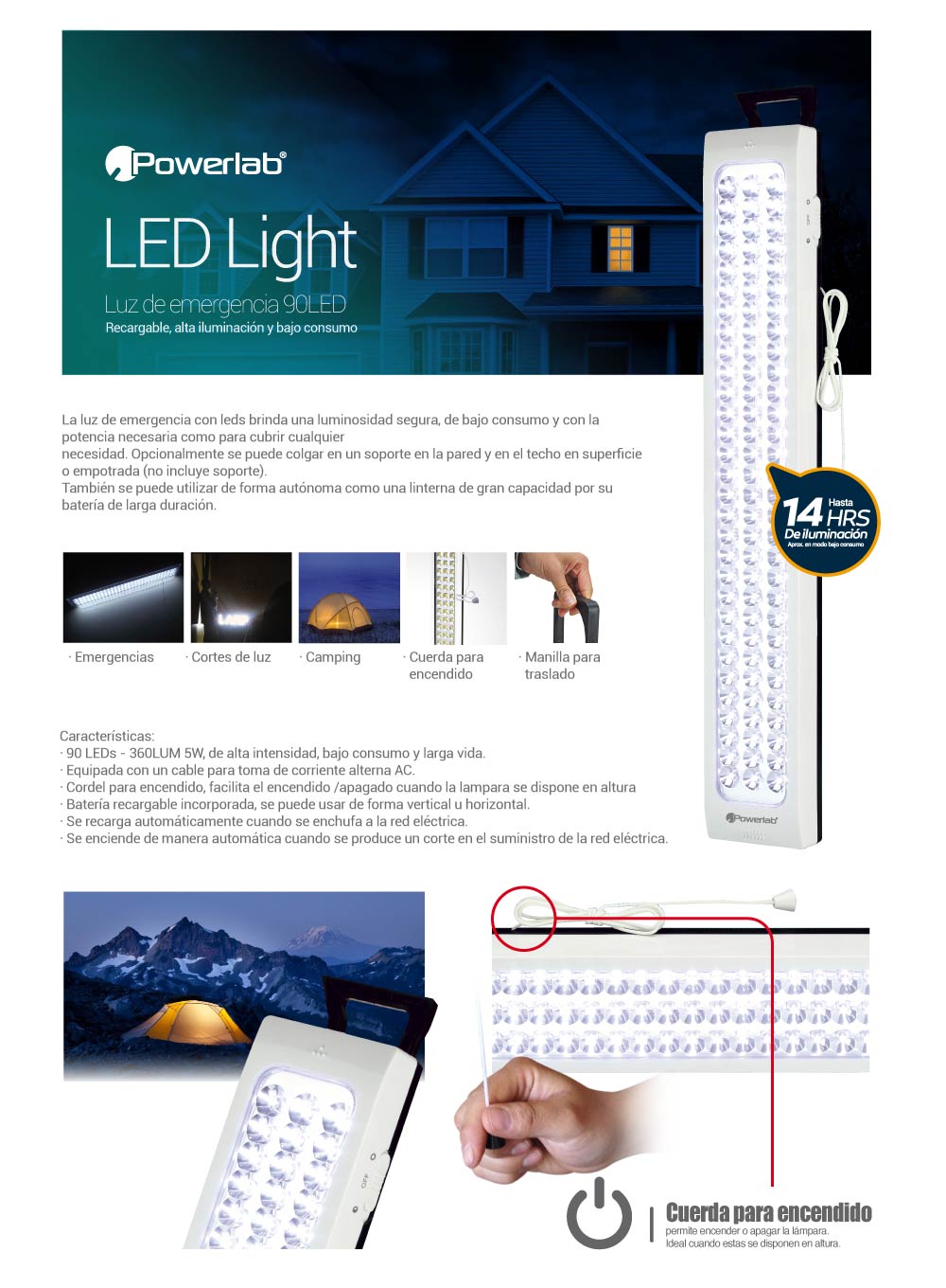 LAMPARA EMERGENCIA POWERLAB 90 LEDS USB 7259