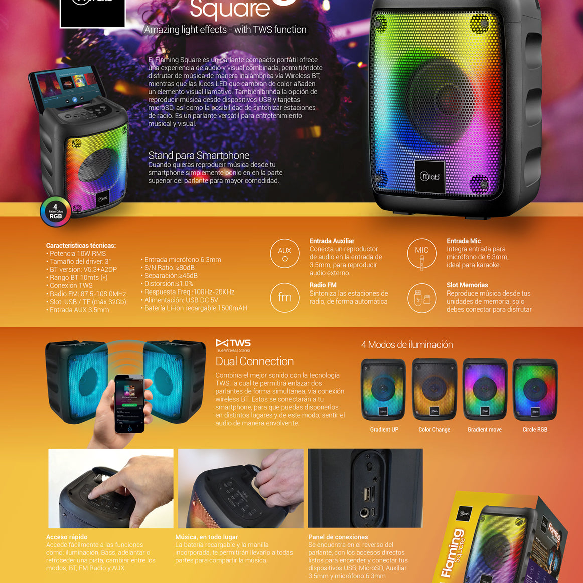 PARLANTE BT FLAMING SQUARE 9290 MLAB