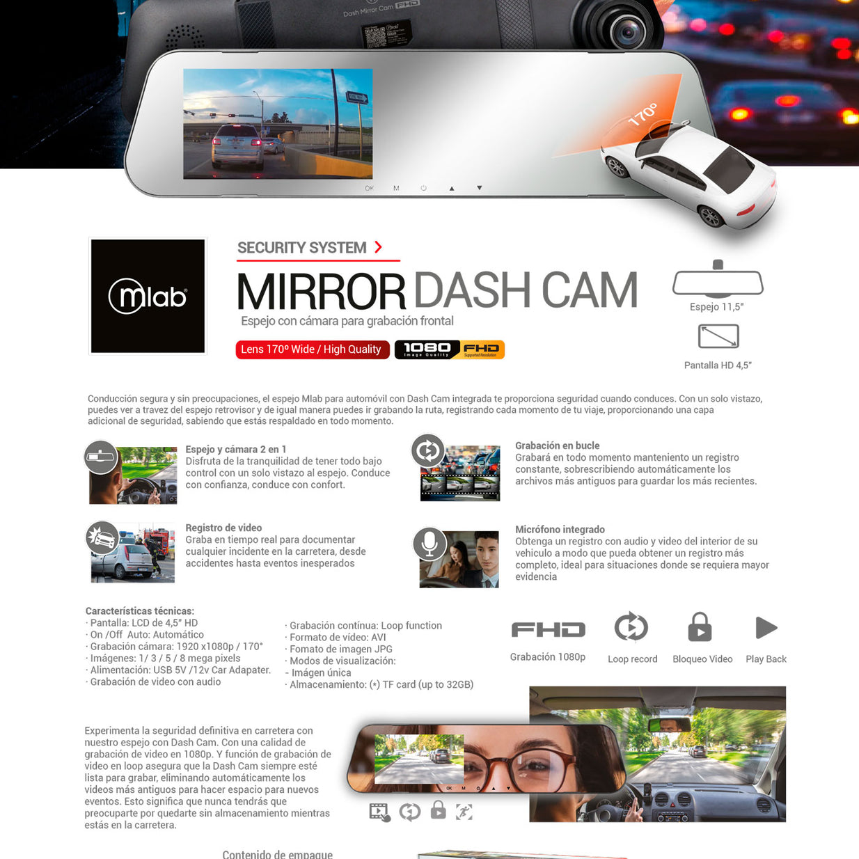 Cámara Espejo Auto DVR FHD Front 1080p (9319)