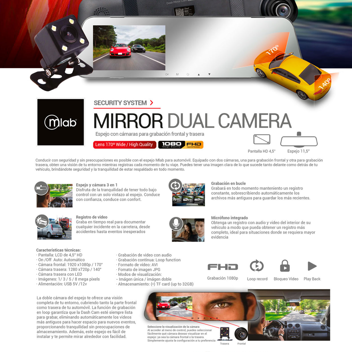 Cámara Espejo Auto DVR FHD 2 Cámaras Front 1080p/ Rear 720p (9320)