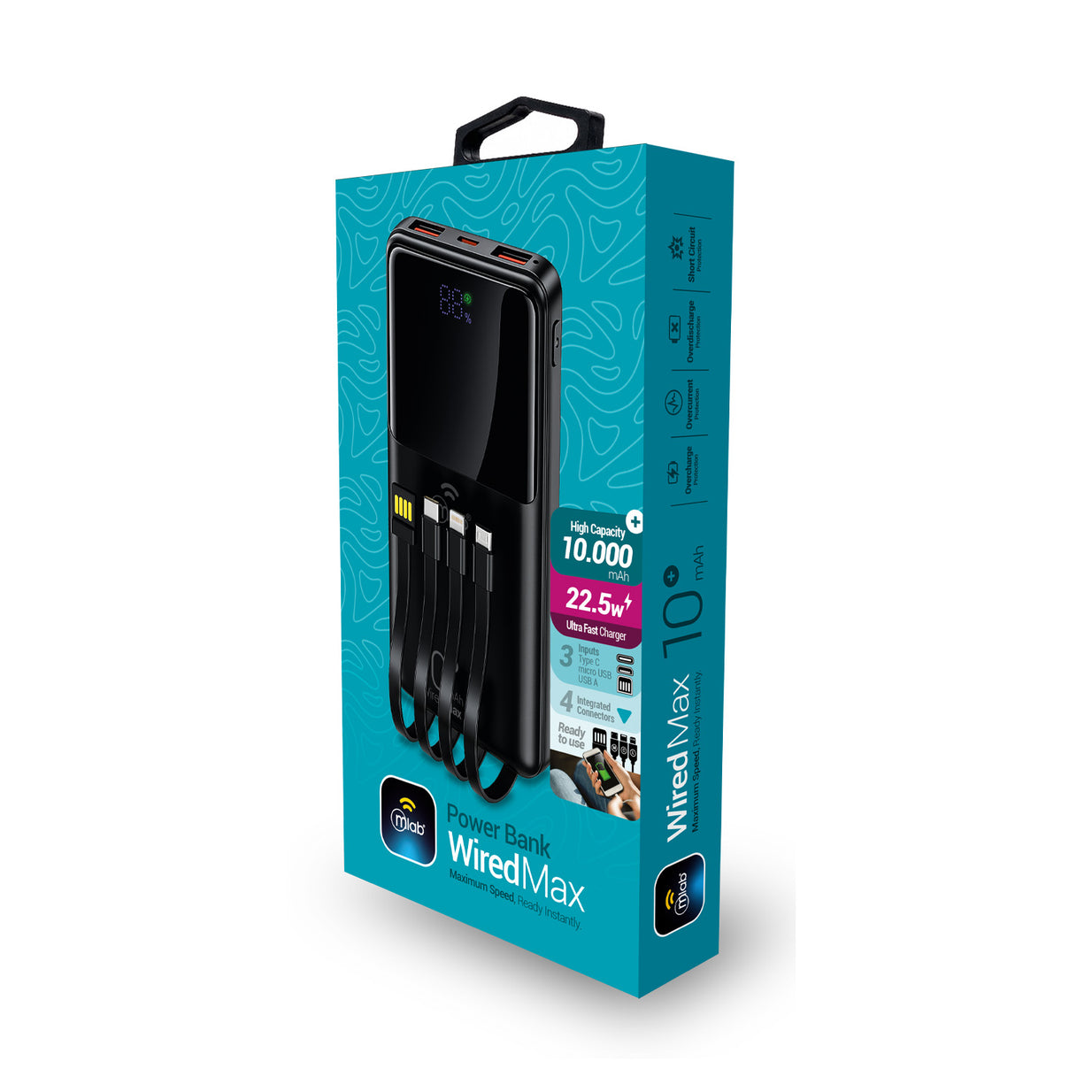 Powerbank Mlab 9659 Wired Max 10.000mAh Carga Rápida 22.5W Cables Integrados USB-C Lightning