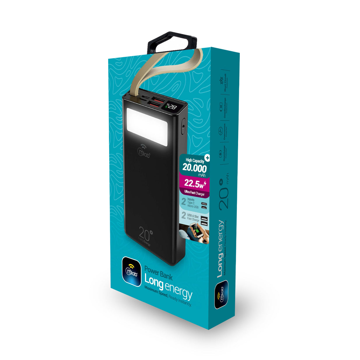 Powerbank Mlab 9662 Long Energy 20.000mAh Carga Rápida 22.5W USB-C Micro USB Linterna LED