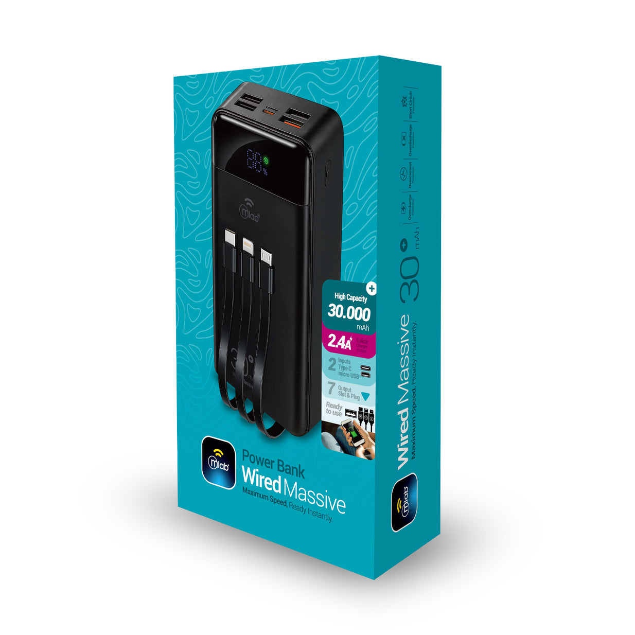 Powerbank Mlab 9666 Wired Massive 30.000mAh Carga Rápida 22.5W Cables Integrados Linterna LED