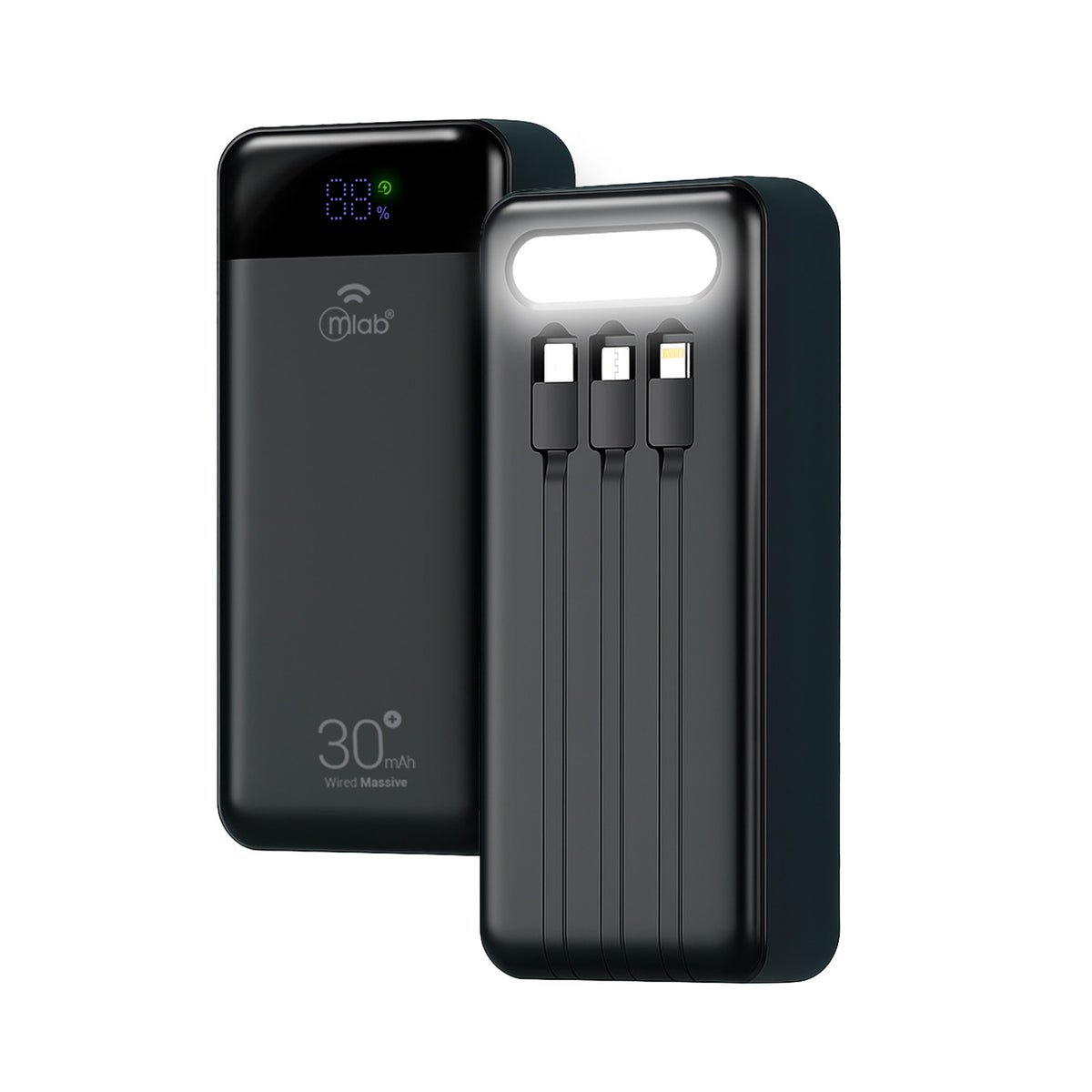 Powerbank Mlab 9666 Wired Massive 30.000mAh Carga Rápida 22.5W Cables Integrados Linterna LED
