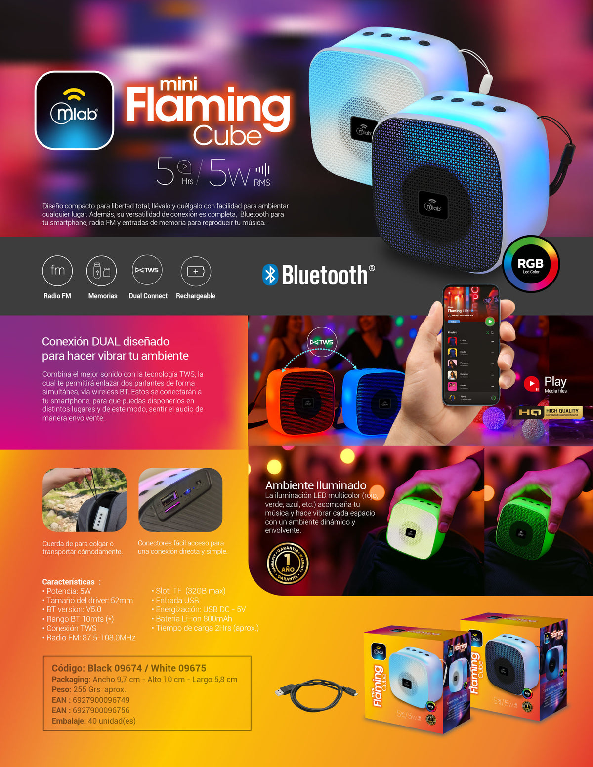 Parlante Bluetooth RGB 5 W Mlab Mini Flaming Cube 9675 blanco