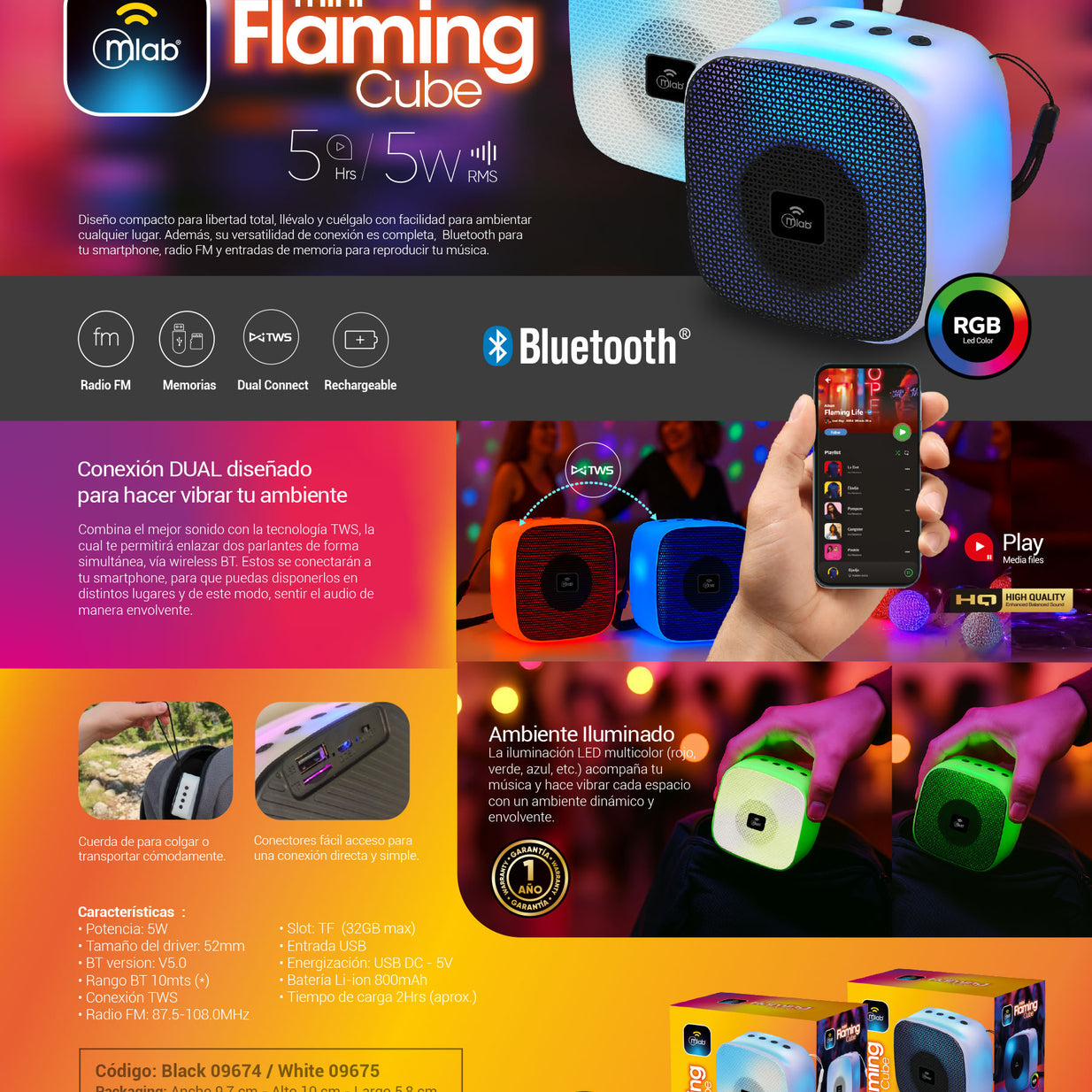 Parlante Bluetooth RGB 5 W Mlab Mini Flaming Cube 9674 negro