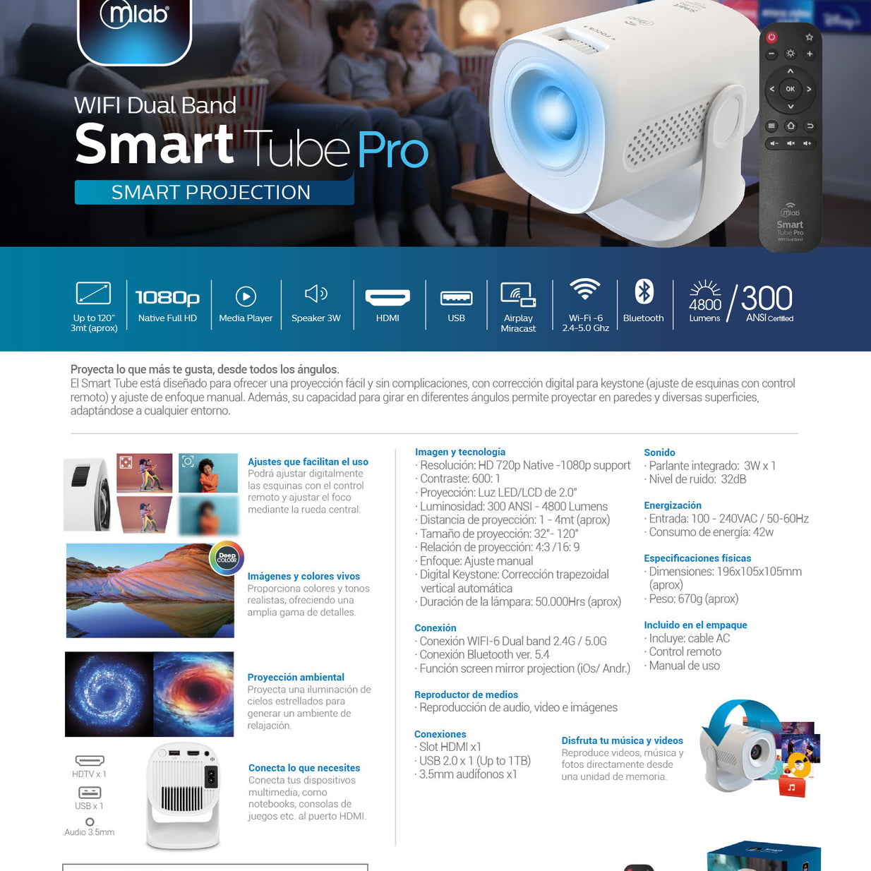 Proyector HD 720p Mlab Smart Tube Pro 9710 Wi-Fi 6