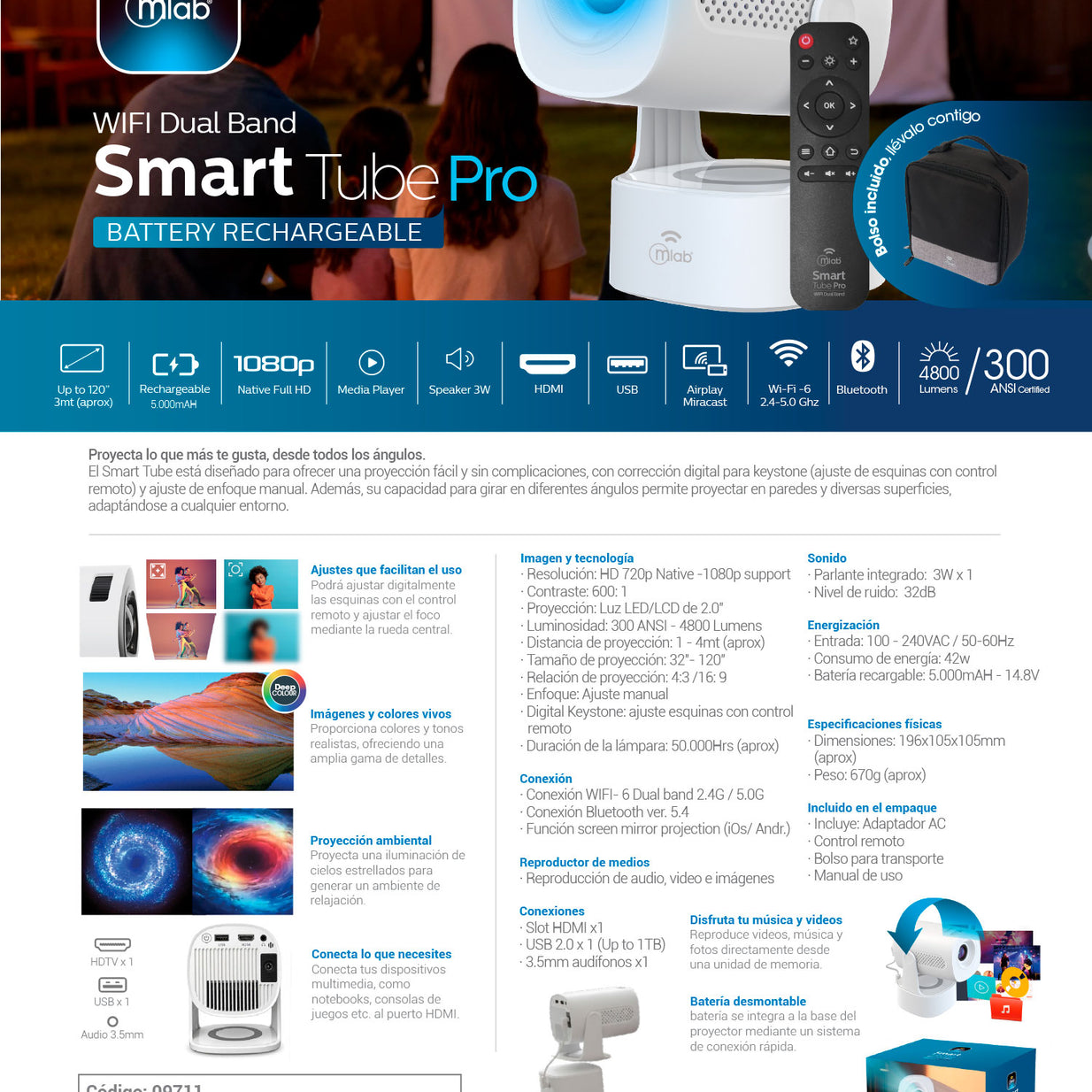 Proyector HD 720p Mlab Smart Tube Pro 9711 con batería y Wi-Fi 6