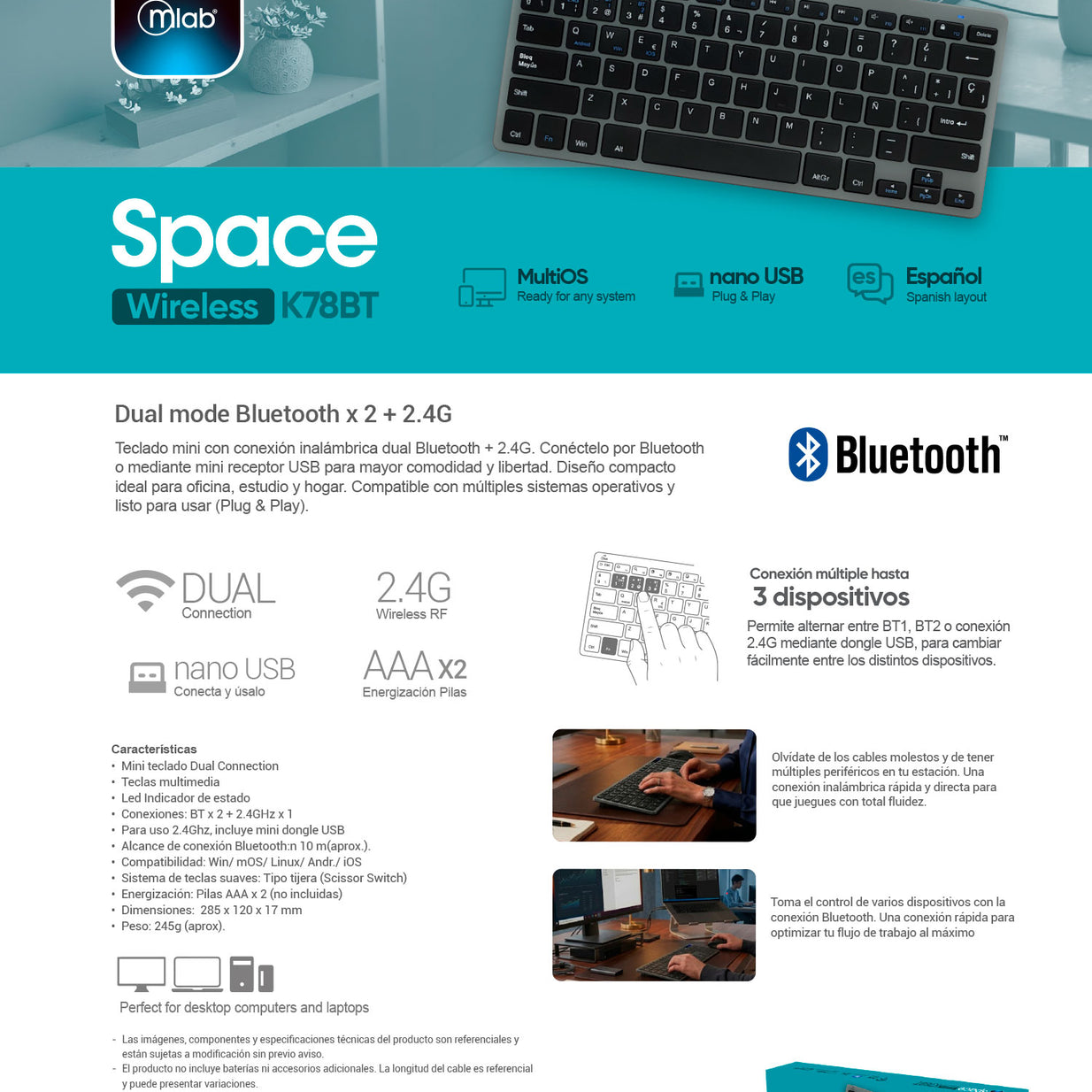 TECLADO MLAB MINI BLUETOOTH Y 2,4 GHZ SPACE K78BT 9738