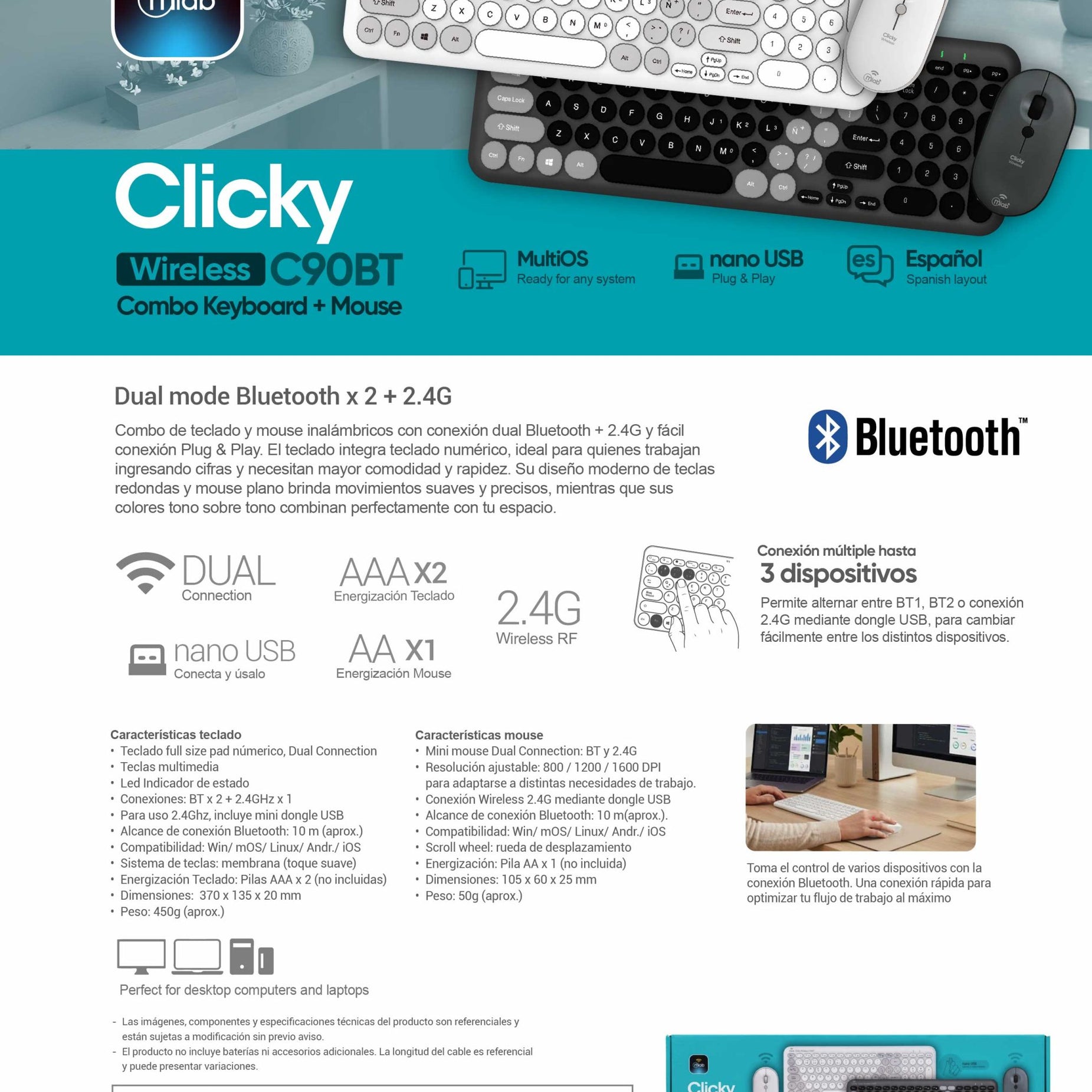 TECLADO INALAMBRICO MLAB 9742 CLICKY C90BT NEGRO GRIS