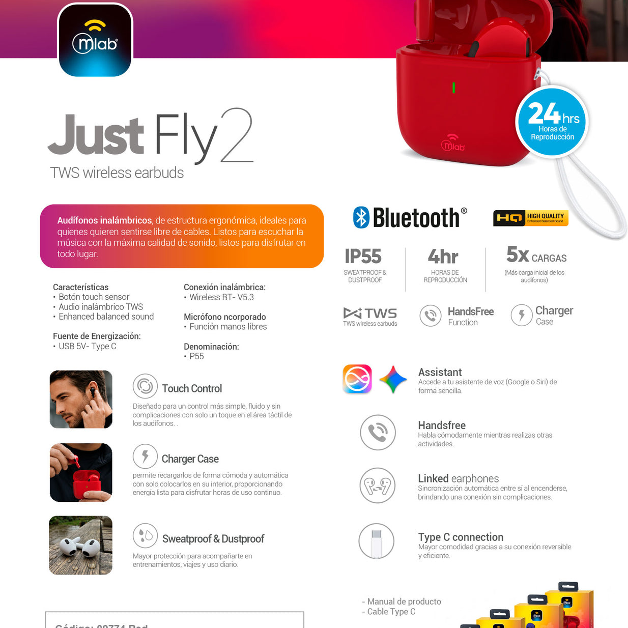 AUDIFONO MLAB JUST FLY2 ROJO 9774