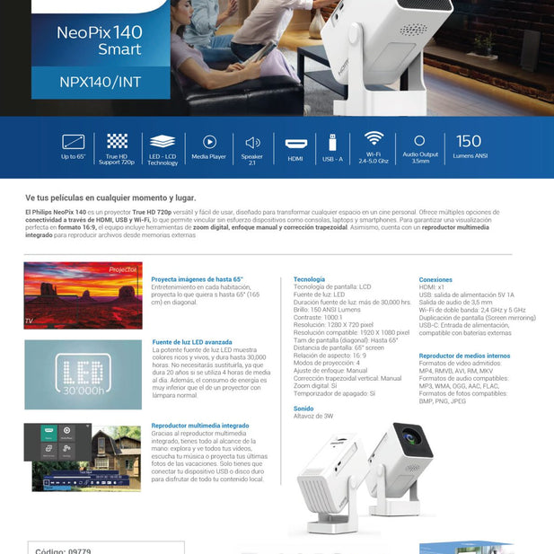 Proyector HD 720p Philips NeoPix 140 NPX140/INT Wi-Fi