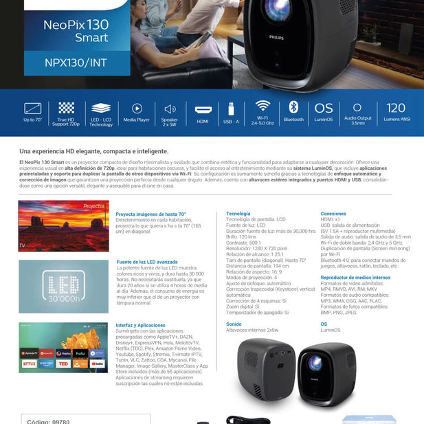 Proyector HD 720p Philips NeoPix 130C Smart Wi-Fi