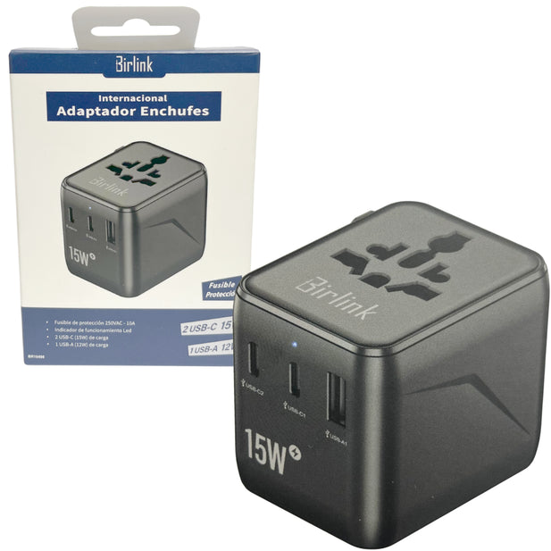 Adaptador de enchufe viajero Birlink BR10498 con USB-C y USB-A