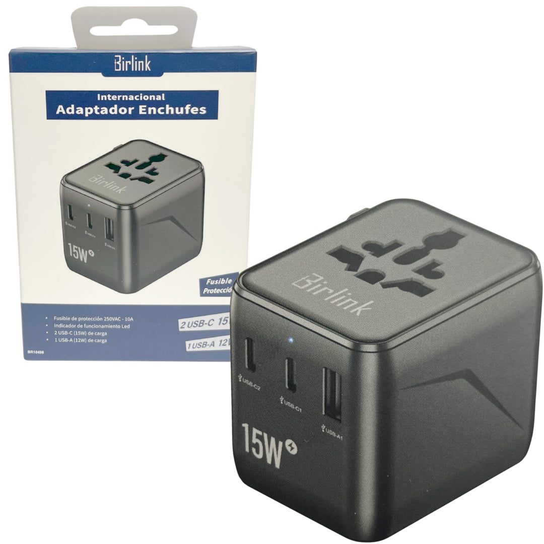 Adaptador de enchufe viajero Birlink BR10498 con USB-C y USB-A