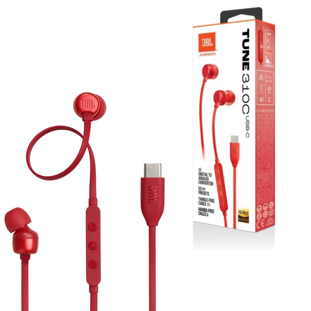 Audífonos JBL Tune 310C USB-C In-Ear Pure Bass Hi-Res Micrófono Integrado Rojo