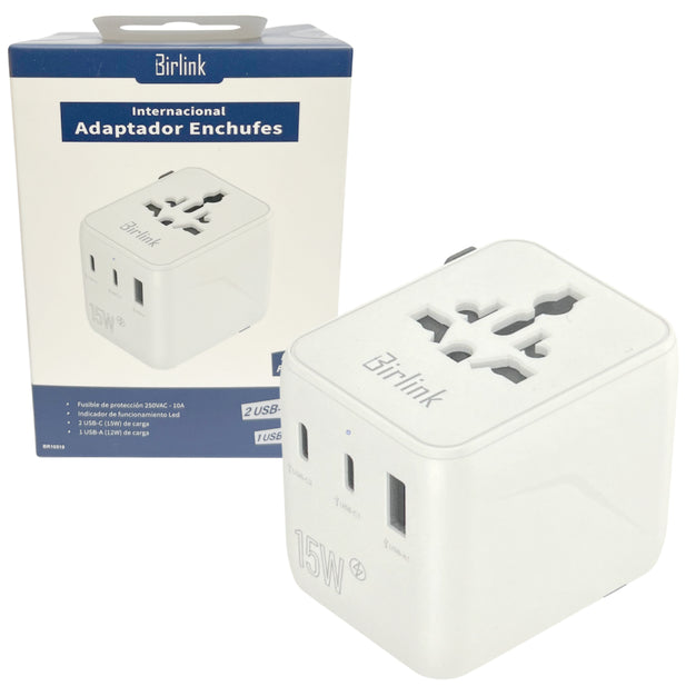 Adaptador de enchufe viajero Birlink BR10519 con USB-C y USB-A (Blanco)