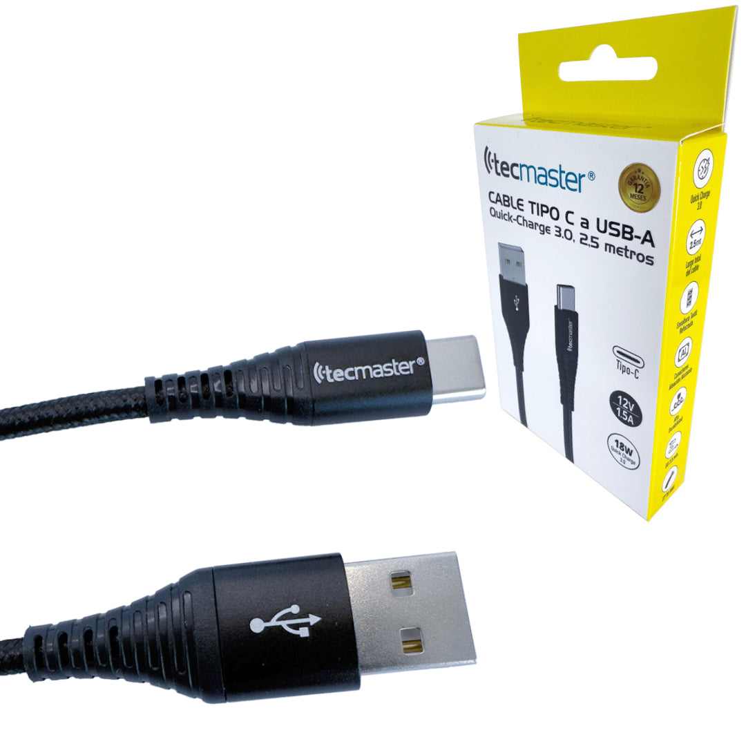 CABLE USB A USB-C QC 3.0 2.5M TECMASTER TM-200562 – Fotosol