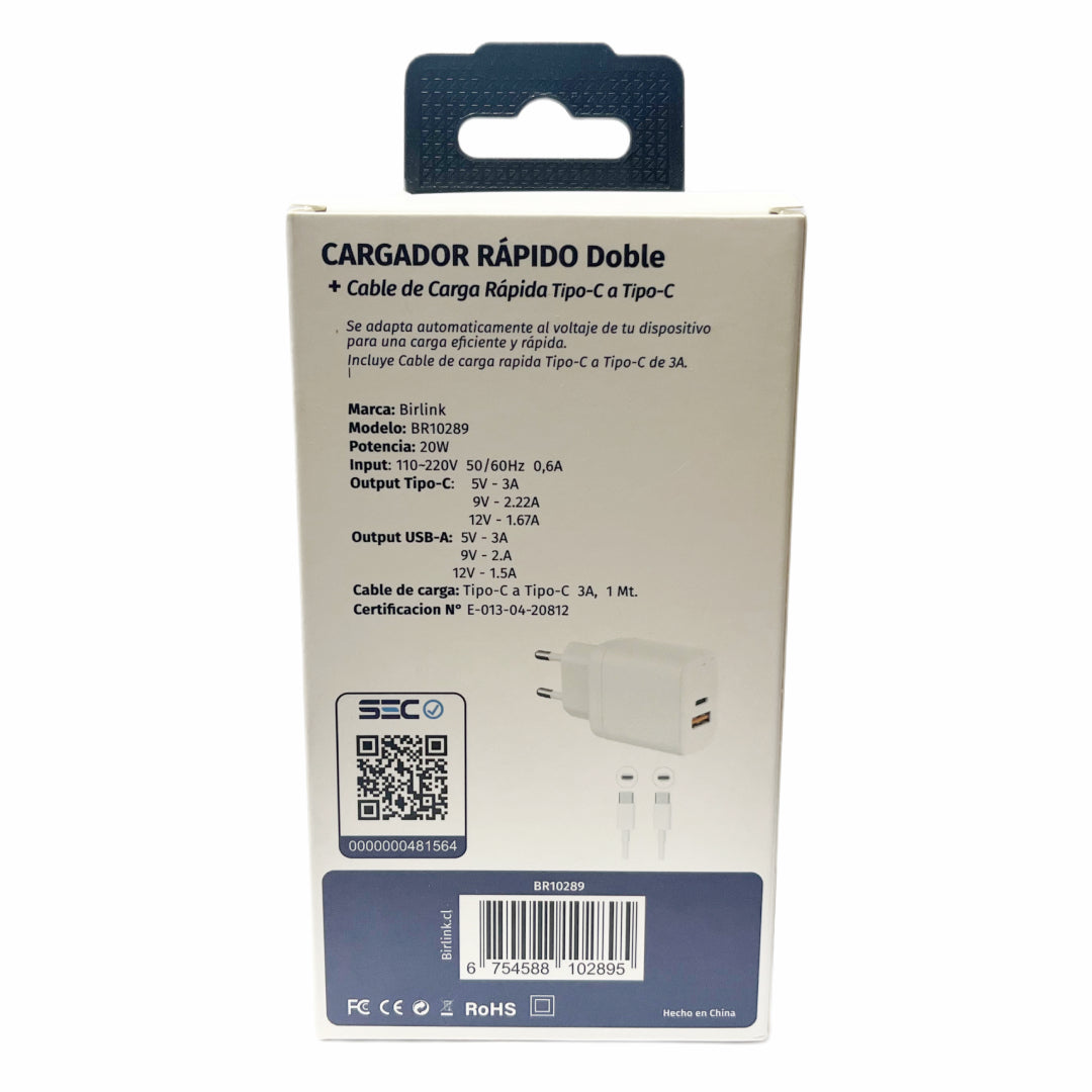 CARGADOR 20W + CABLE TIPO C BR10289 BIRLINK