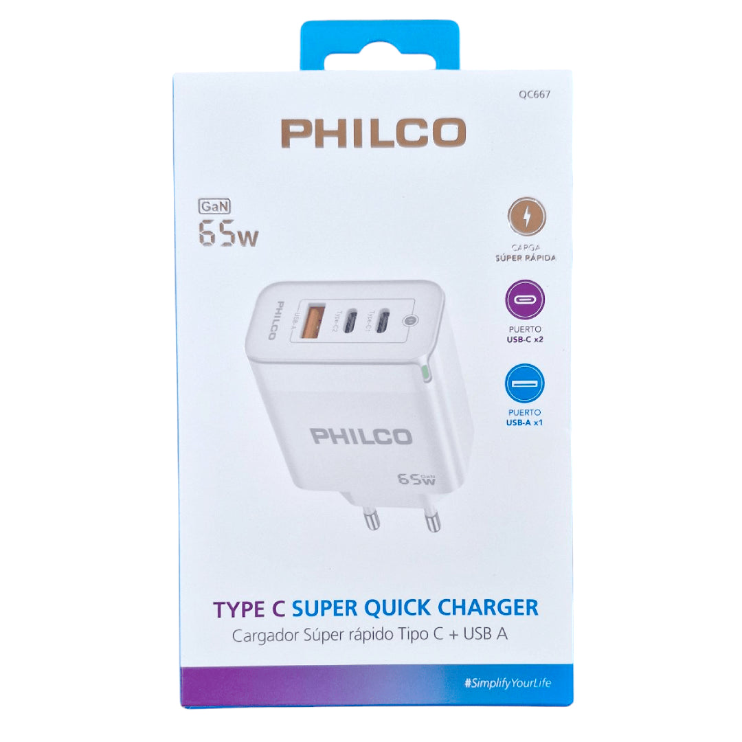CARGADOR 65W USB-C X2+USB PHILCO QC667