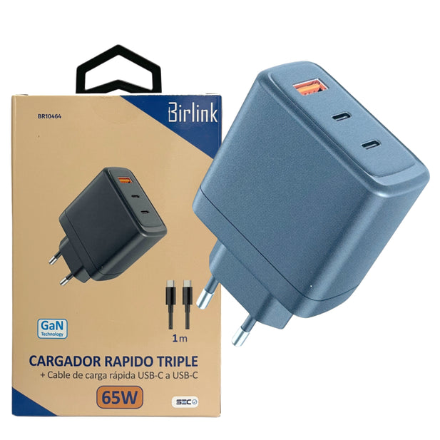 CARGADOR 65W X2 USB-C + USB-A + CABLE USB-C BIRLINK 10464