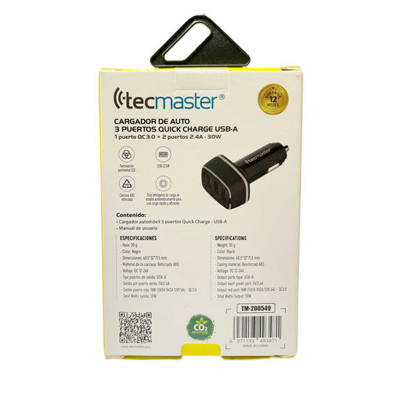 CARGADOR DE AUTO 3 PUERTOS USB TECMASTER TM-200549
