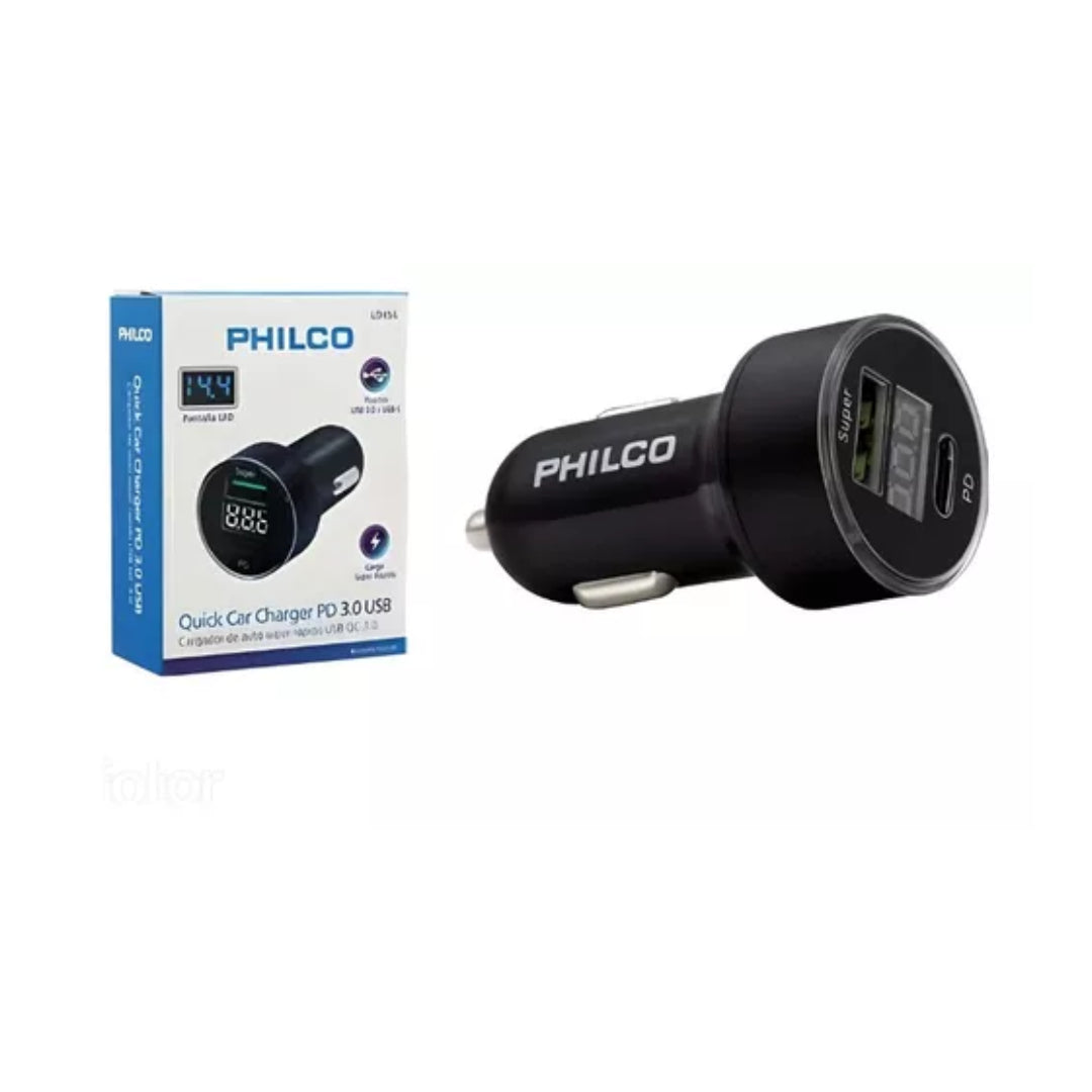 CARGADOR DE AUTO USB 3.0 + C CON PANTALLA LED PHILCO LD49A