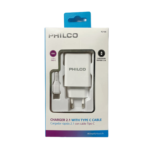 CARGADOR DE PARED 2 USB + CABLE TIPO C 1.2 MT R2109 PHILCO