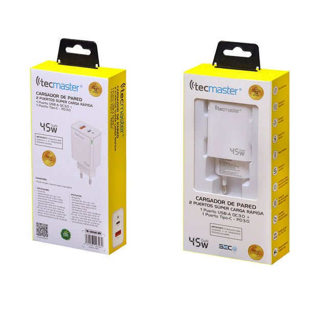 CARGADOR DE PARED 45W USB/TIPO-C TECMASTER TM-200540